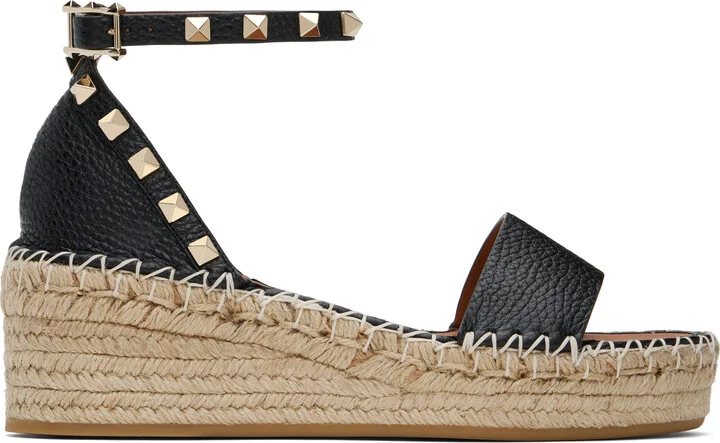 Valentino Garavani Black Rockstud Open Toe Flatform Flat Sandals