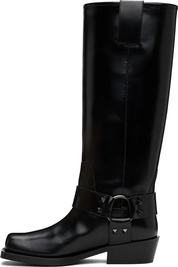 Valentino Garavani Black Rockstud Tall Biker Boots - Image 3
