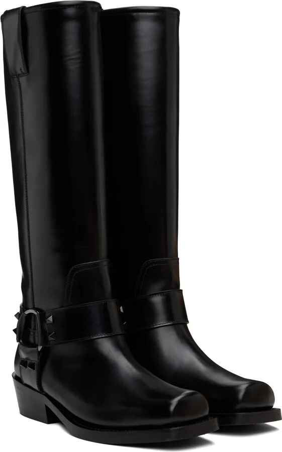 Valentino Garavani Black Rockstud Tall Biker Boots - Image 4