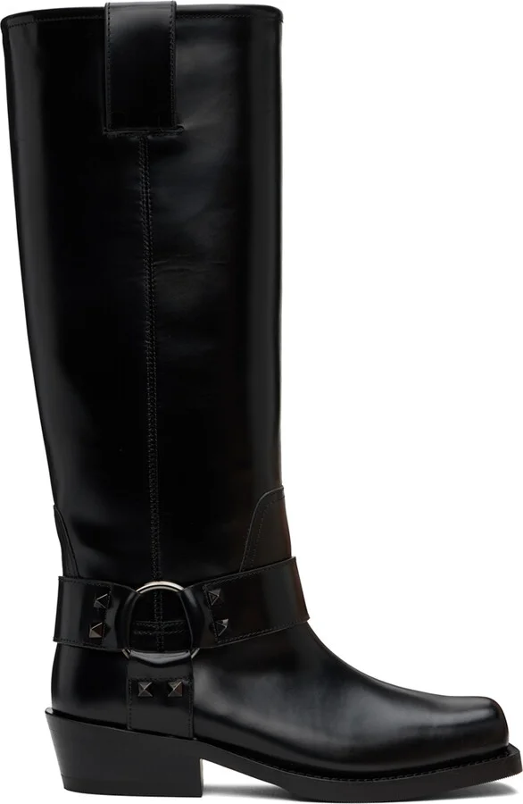 Valentino Garavani Black Rockstud Tall Biker Boots