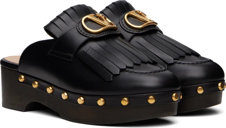 Valentino Garavani Black VLogo Signature Fringed Calfskin Clogs - Image 4