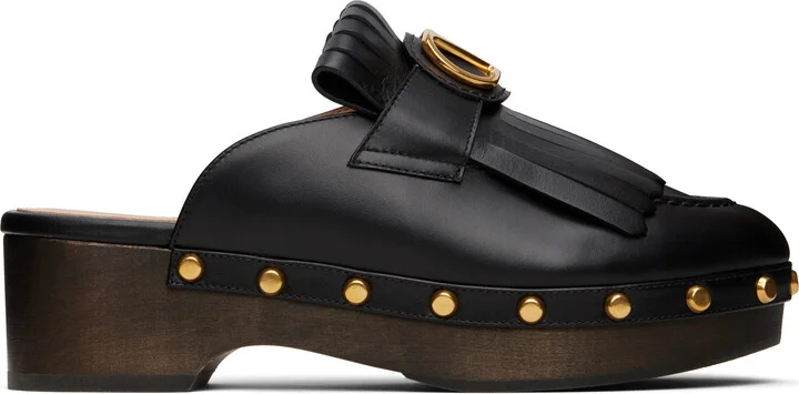 Valentino Garavani Black VLogo Signature Fringed Calfskin Clogs