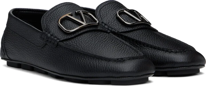 Valentino Garavani Black VLogo Signature Grainy Calfskin Driving Loafers - Image 4