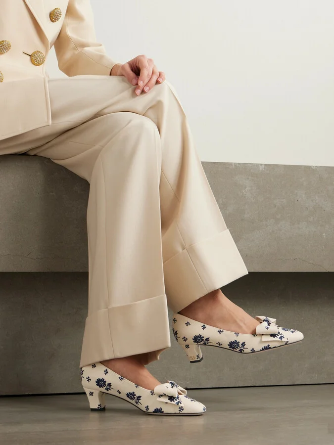 Valentino Garavani - Bowbow 45 Bow-embellished Floral-print Twill Pumps - Cream - Image 2