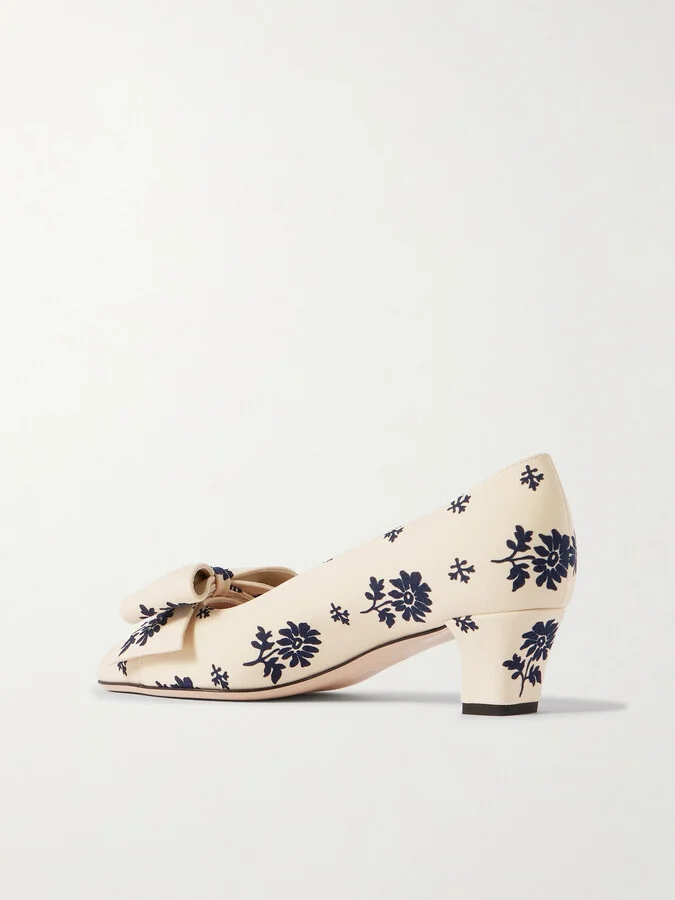 Valentino Garavani - Bowbow 45 Bow-embellished Floral-print Twill Pumps - Cream - Image 3