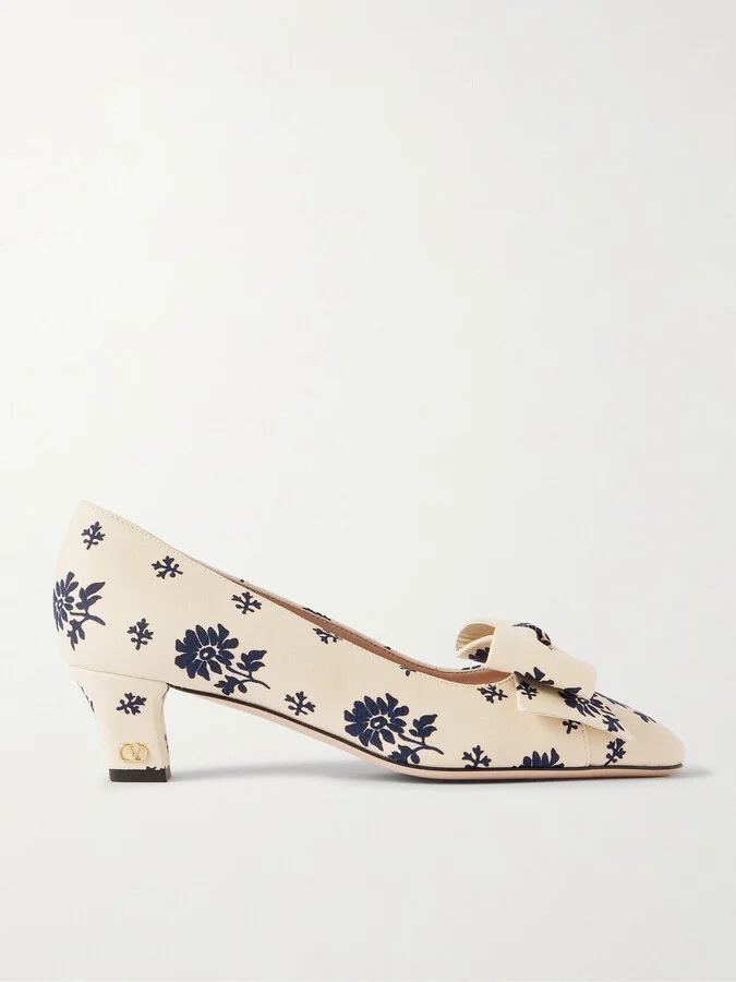 Valentino Garavani - Bowbow 45 Bow-embellished Floral-print Twill Pumps - Cream