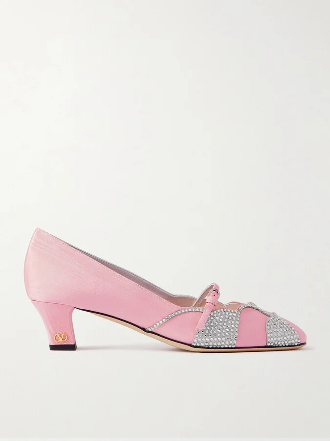 Valentino Garavani - Bowow 45 Crystal-embellished Metallic Suede-trimmed Moiré Pumps - Pink