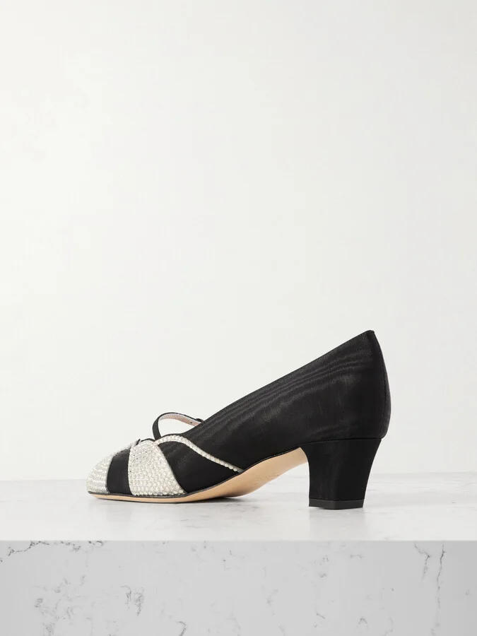 Valentino Garavani - Bowow 45 Crystal-embellished Suede-trimmed Moiré Pumps - Black - Image 3