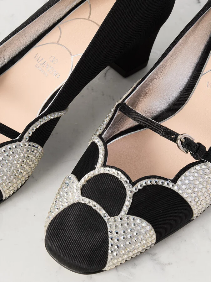Valentino Garavani - Bowow 45 Crystal-embellished Suede-trimmed Moiré Pumps - Black - Image 4