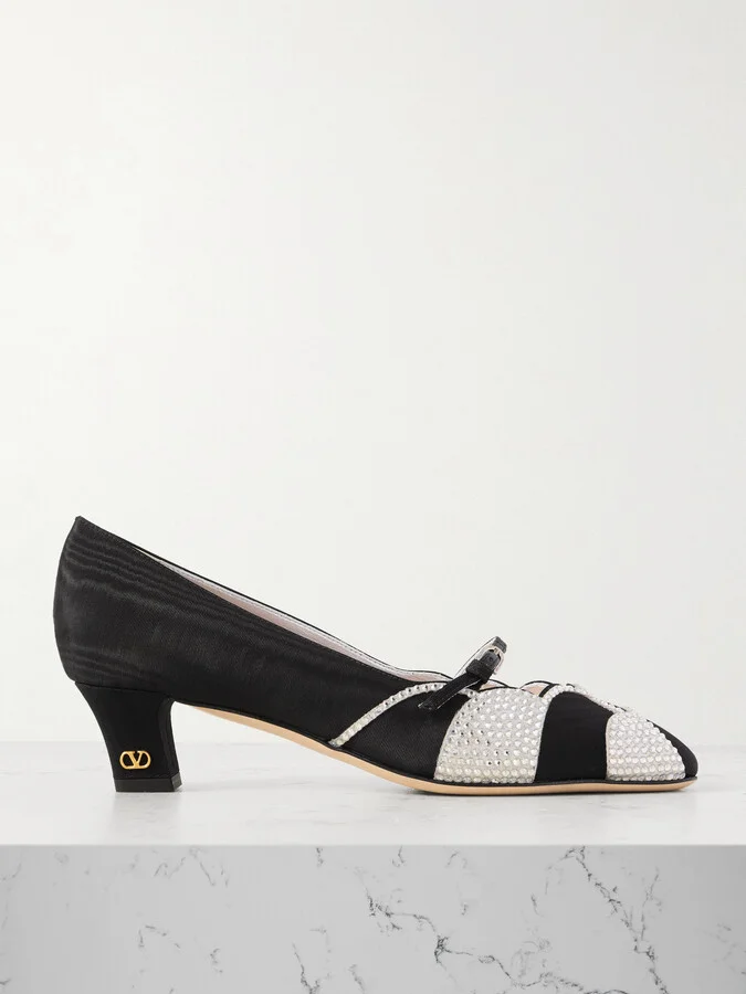Valentino Garavani - Bowow 45 Crystal-embellished Suede-trimmed Moiré Pumps - Black