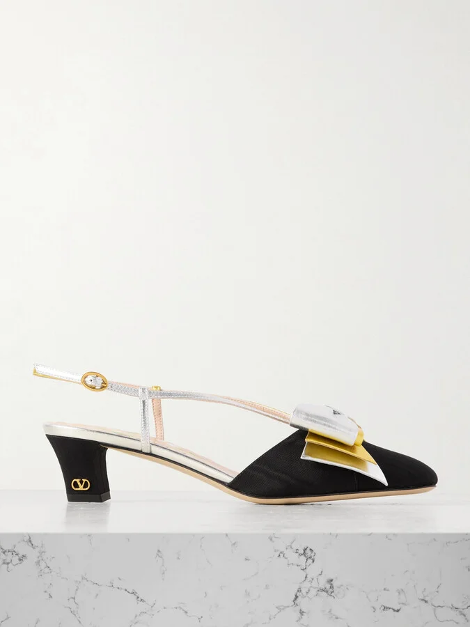 Valentino Garavani - Bowow 45 Two-tone Metallic Leather And Moiré Slingback Pumps - Black