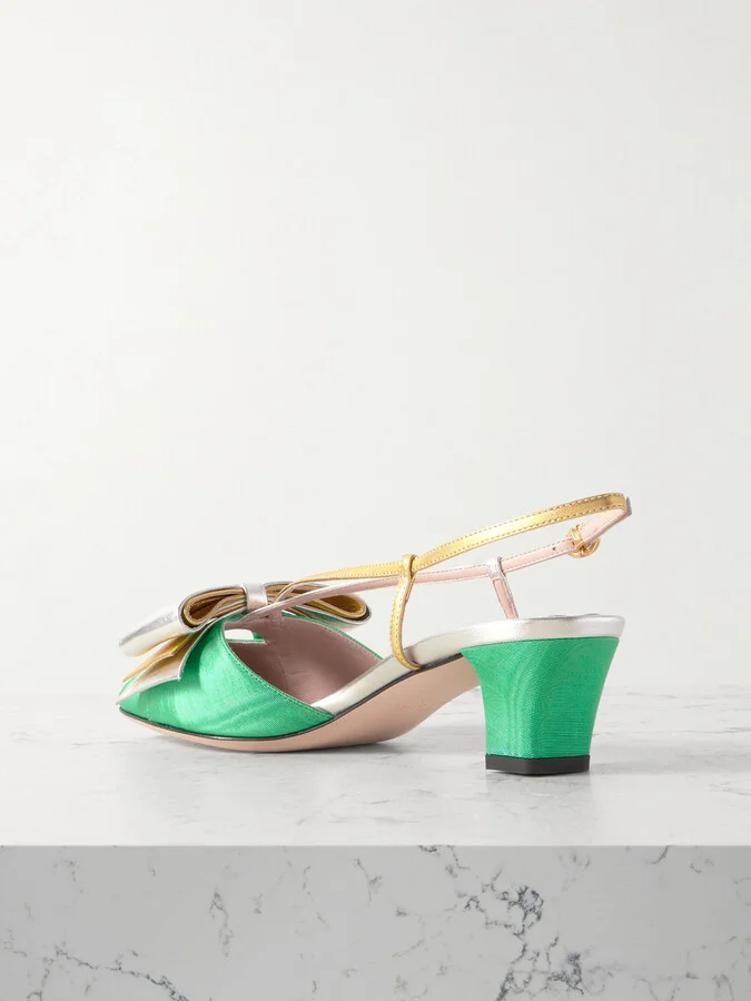 Valentino Garavani - Bowow 45 Two-tone Metallic Leather And Moiré Slingback Pumps - Green - Image 3