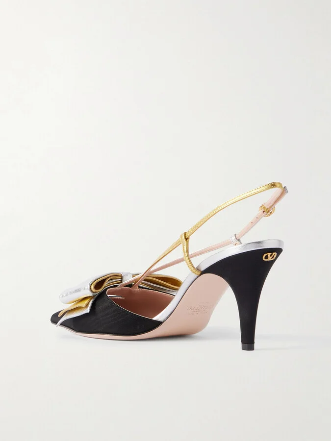 Valentino Garavani - Bowow 85 Metallic Leather And Moiré Slingback Pumps - Black - Image 3