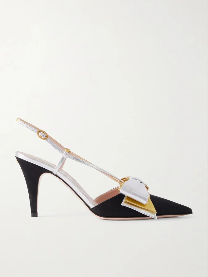 Valentino Garavani - Bowow 85 Metallic Leather And Moiré Slingback Pumps - Black