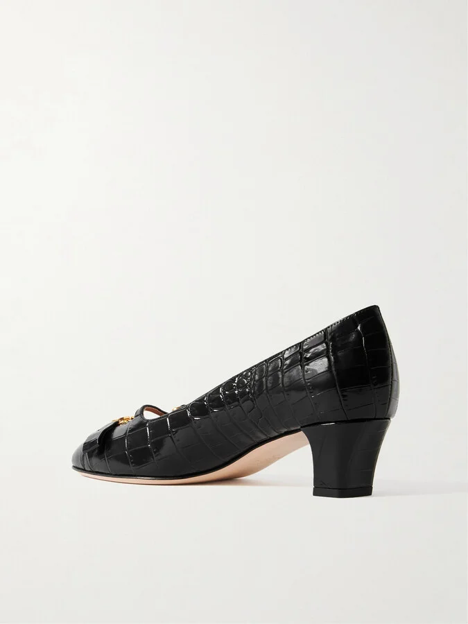 Valentino Garavani - Bowow Décolleté 45 Embellished Croc-effect Leather Pumps - Black - Image 3