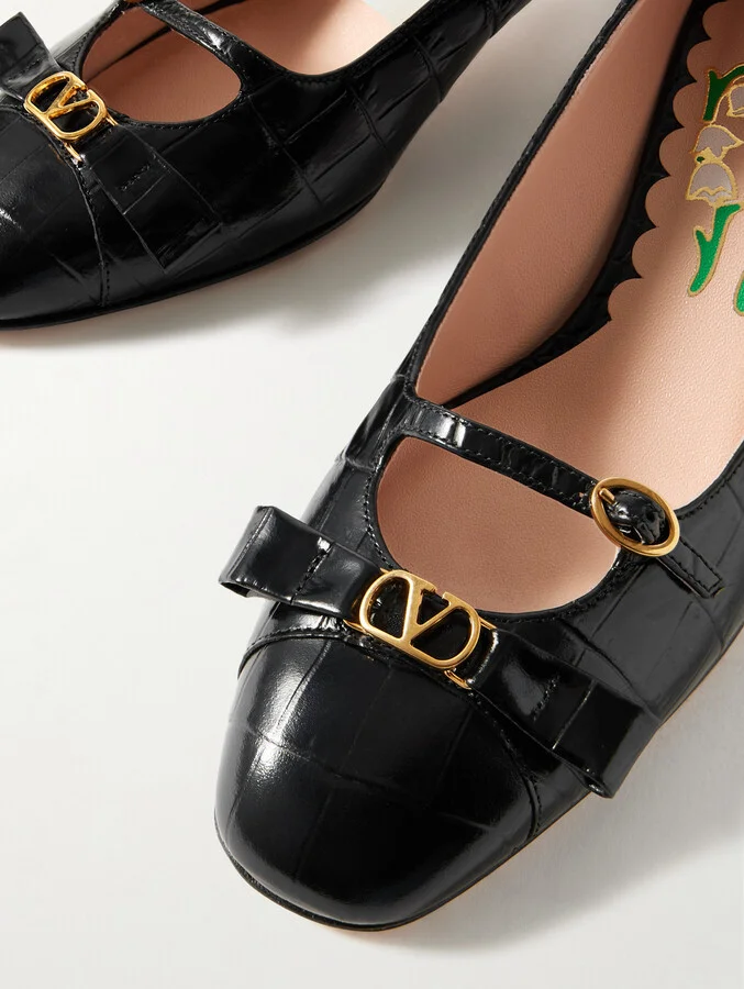 Valentino Garavani - Bowow Décolleté 45 Embellished Croc-effect Leather Pumps - Black - Image 4