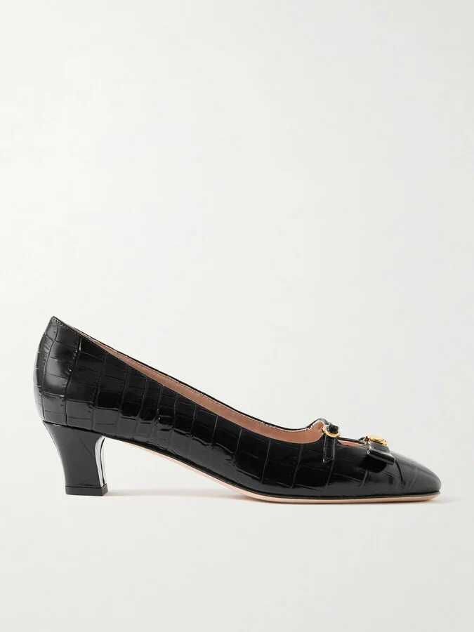 Valentino Garavani - Bowow Décolleté 45 Embellished Croc-effect Leather Pumps - Black