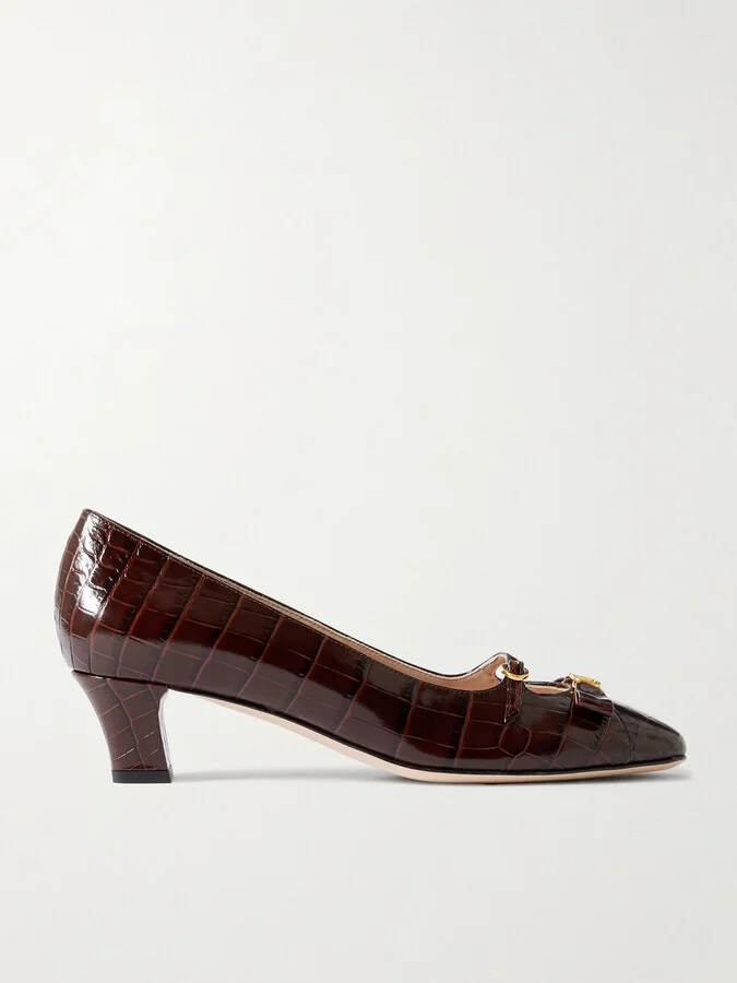 Valentino Garavani - Bowow Décolleté 45 Embellished Croc-effect Leather Pumps - Brown