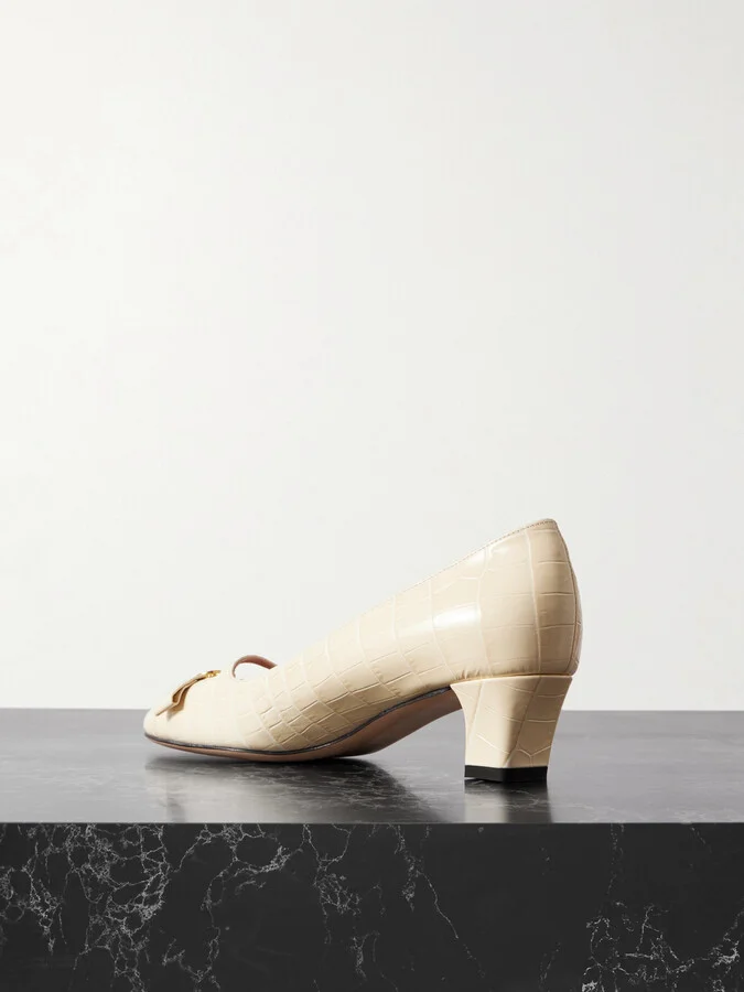 Valentino Garavani - Bowow Décolleté 45 Embellished Croc-effect Leather Pumps - Ivory - Image 3