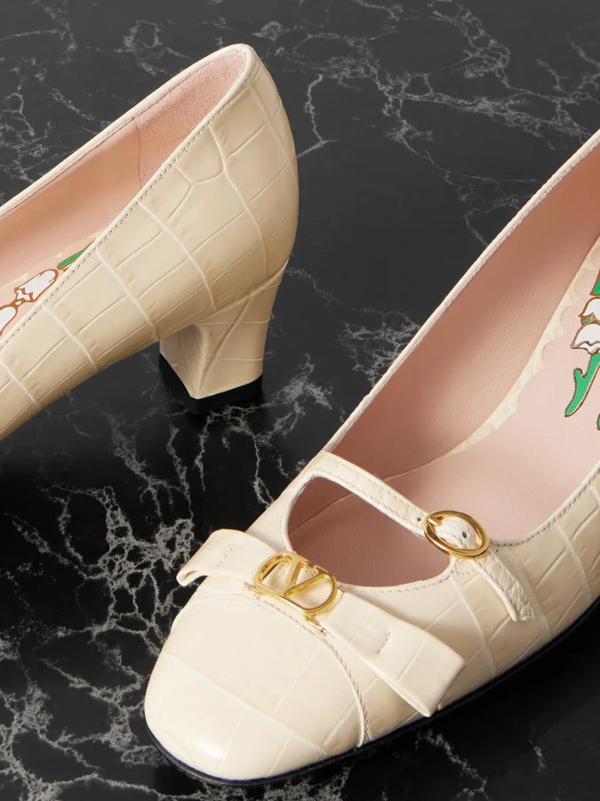 Valentino Garavani - Bowow Décolleté 45 Embellished Croc-effect Leather Pumps - Ivory - Image 4