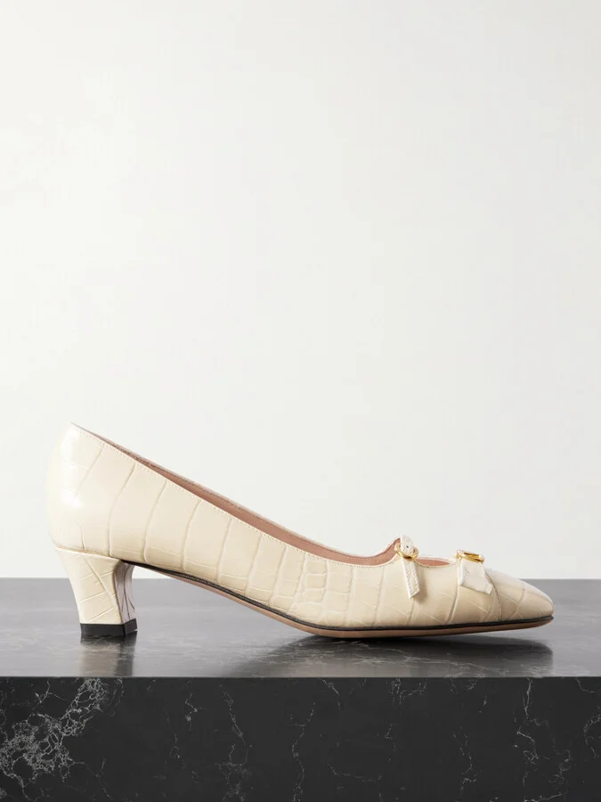 Valentino Garavani - Bowow Décolleté 45 Embellished Croc-effect Leather Pumps - Ivory