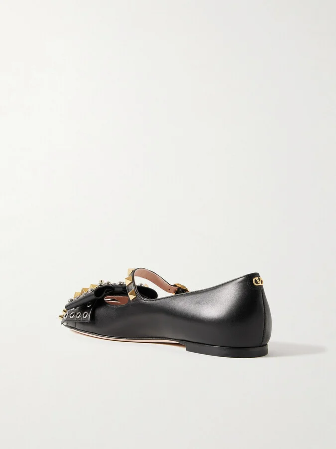 Valentino Garavani - Bowow Embellished Leather Mary Jane Ballet Flats - Black - Image 3