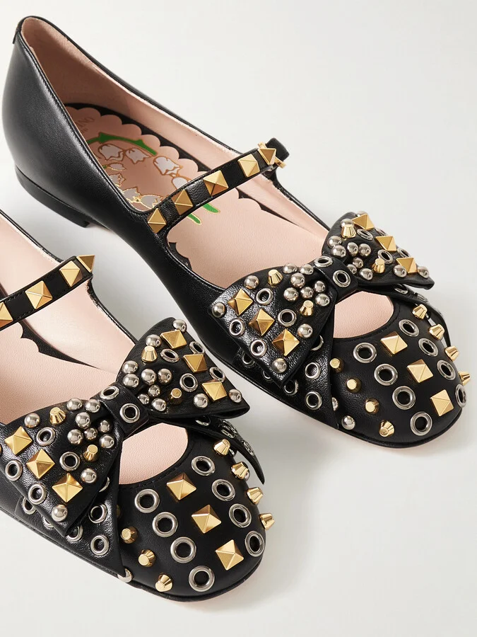 Valentino Garavani - Bowow Embellished Leather Mary Jane Ballet Flats - Black - Image 4