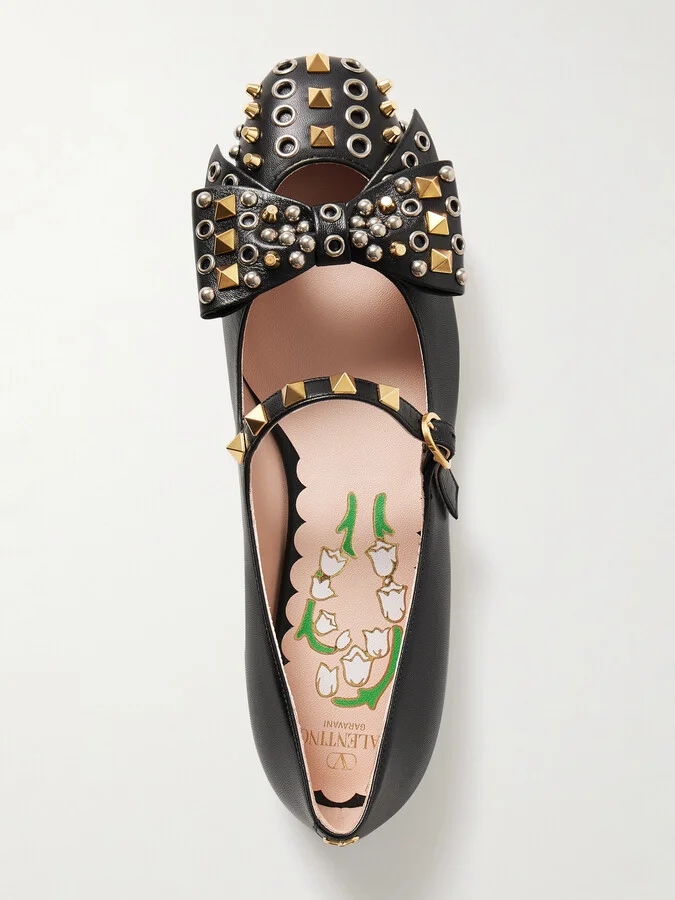 Valentino Garavani - Bowow Embellished Leather Mary Jane Ballet Flats - Black - Image 5