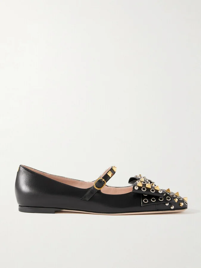 Valentino Garavani - Bowow Embellished Leather Mary Jane Ballet Flats - Black