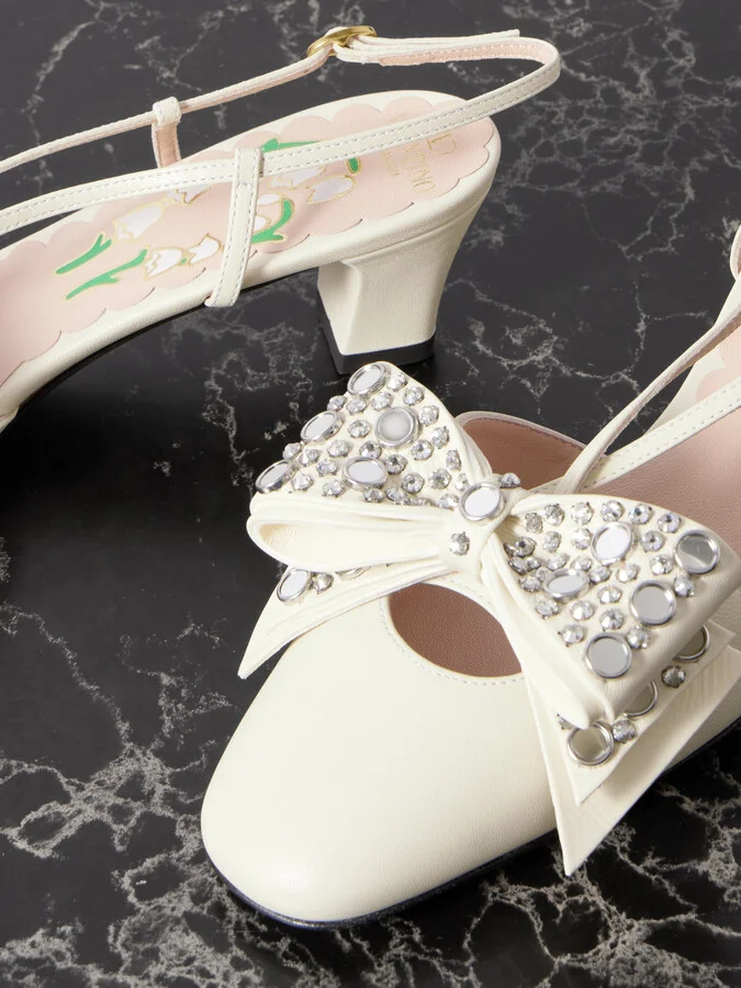 Valentino Garavani - Bowow Embellished Leather Slingback Pumps - Ivory - Image 4