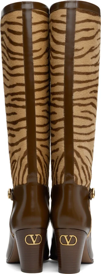Valentino Garavani Brown & Beige Pattie Tall Boots - Image 2