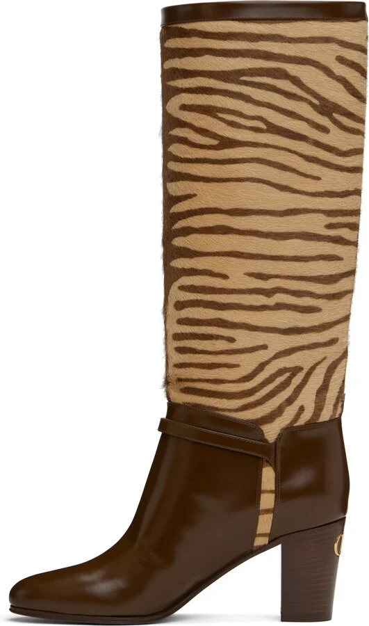 Valentino Garavani Brown & Beige Pattie Tall Boots - Image 3