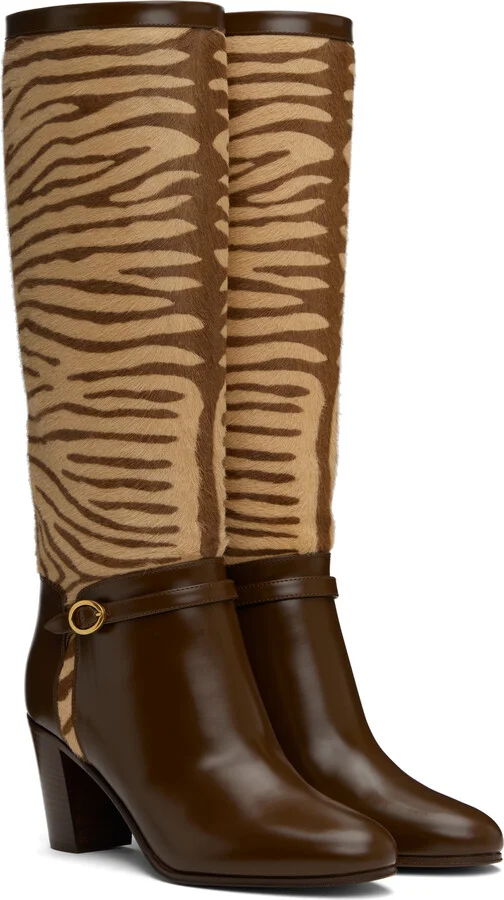 Valentino Garavani Brown & Beige Pattie Tall Boots - Image 4