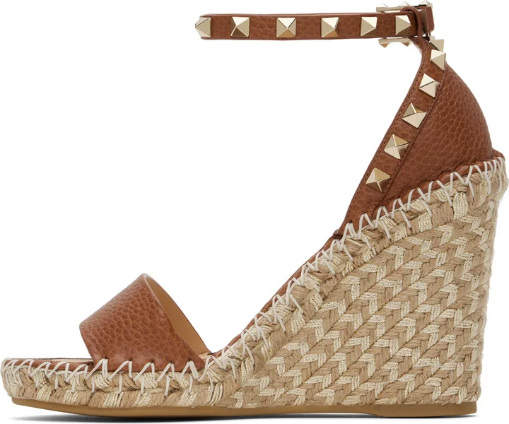 Valentino Garavani Brown Double Rockstud Grainy Calfskin Heeled Sandals - Image 3