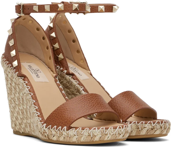 Valentino Garavani Brown Double Rockstud Grainy Calfskin Heeled Sandals - Image 4