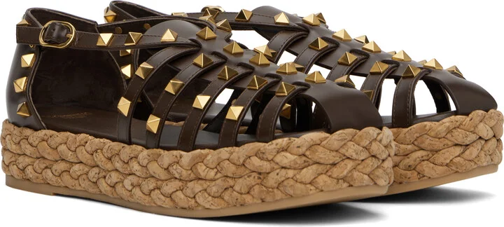 Valentino Garavani Brown Rockstud Cork Sandals - Image 4