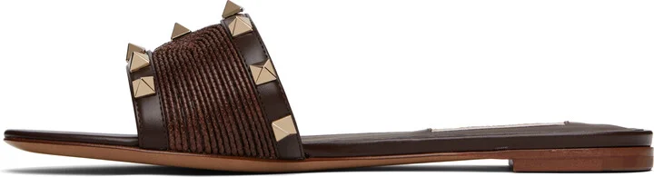 Valentino Garavani Brown Rockstud Slide Sandals - Image 3