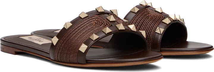 Valentino Garavani Brown Rockstud Slide Sandals - Image 4