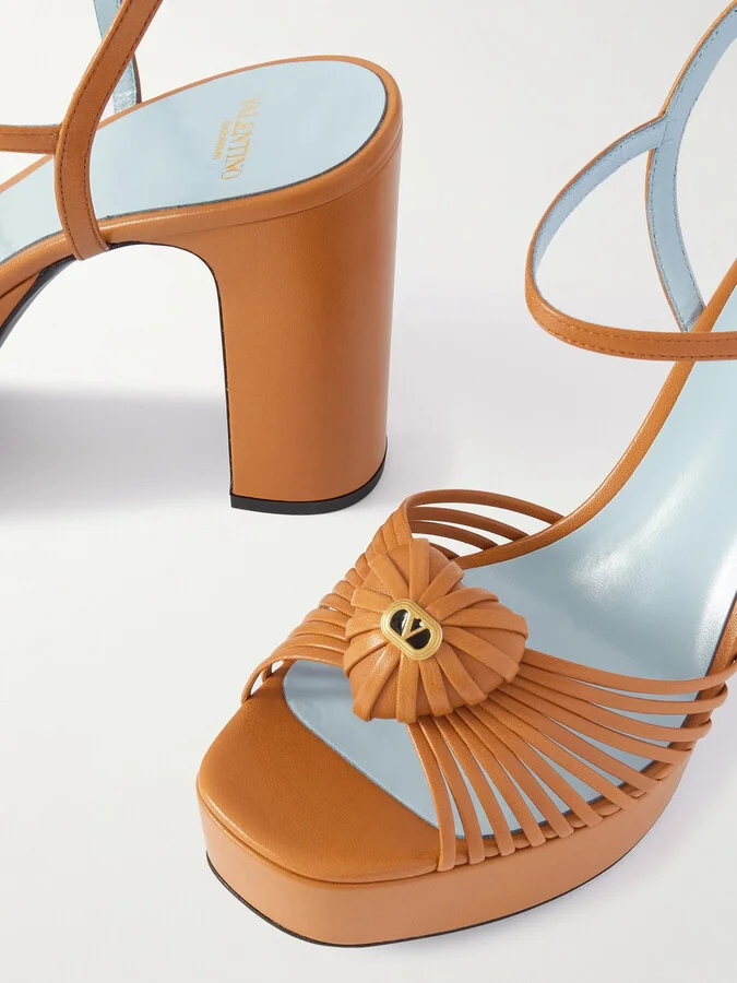 Valentino Garavani - Embellished Leather Platform Sandals - Brown - Image 4