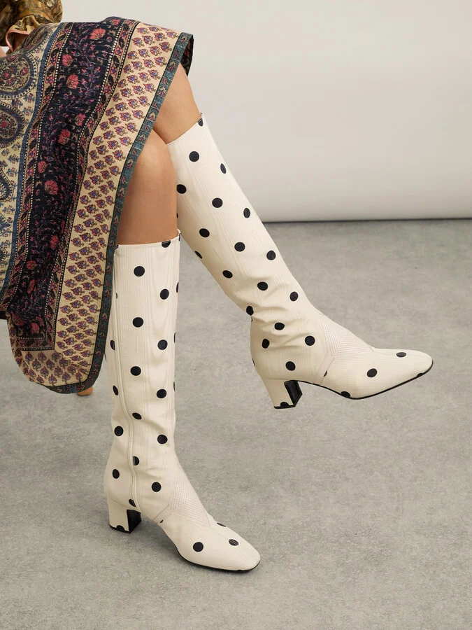Valentino Garavani - Equivoque 60 Leather-trimmed Polka-dot Moire Knee Boots - Neutrals - Image 2
