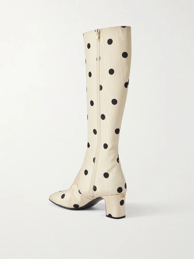 Valentino Garavani - Equivoque 60 Leather-trimmed Polka-dot Moire Knee Boots - Neutrals - Image 3