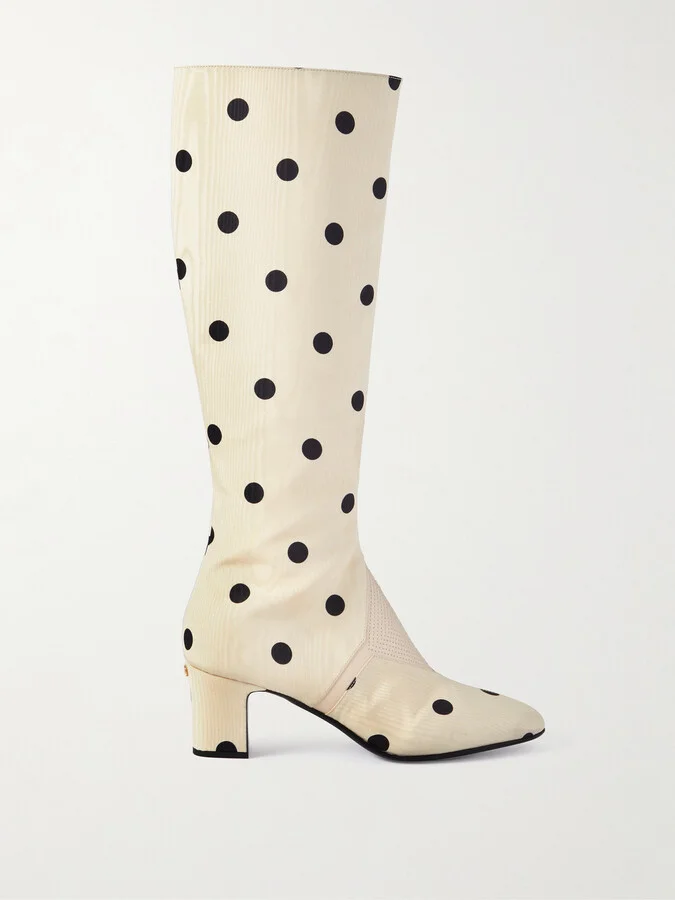 Valentino Garavani - Equivoque 60 Leather-trimmed Polka-dot Moire Knee Boots - Neutrals