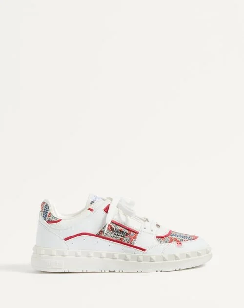 Valentino Garavani Freedots Low-Top Trainer In Calfskin And Voyage Imaginaire Fabric