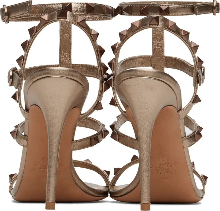 Valentino Garavani Gold Rockstud Cage Heeled Sandals - Image 2