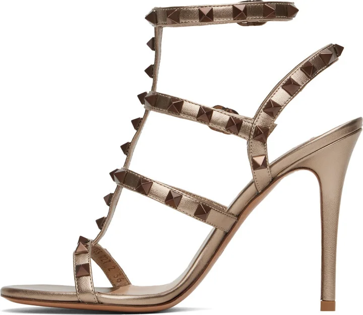 Valentino Garavani Gold Rockstud Cage Heeled Sandals - Image 3