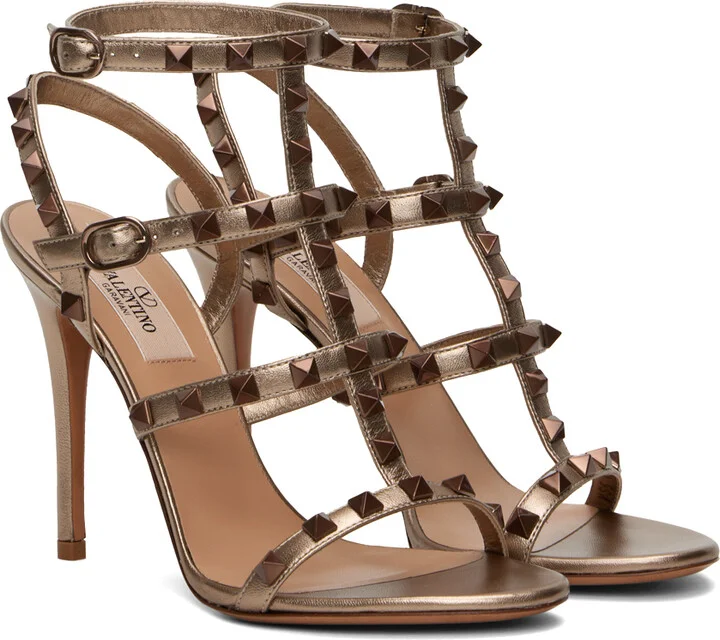 Valentino Garavani Gold Rockstud Cage Heeled Sandals - Image 4