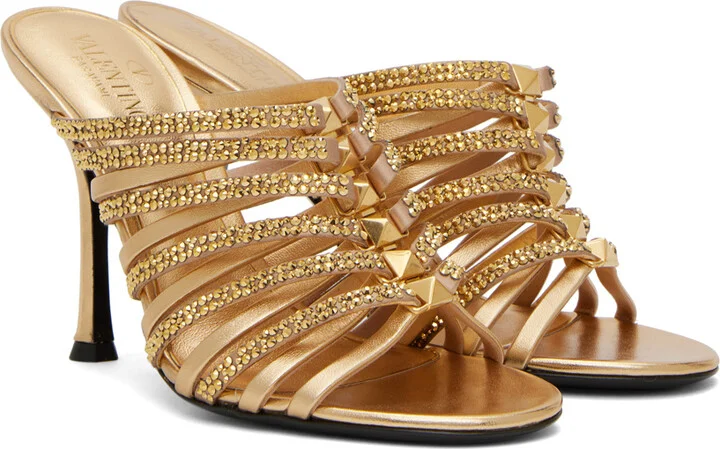 Valentino Garavani Gold Rockstud Strappy 100 Heeled Sandals - Image 4