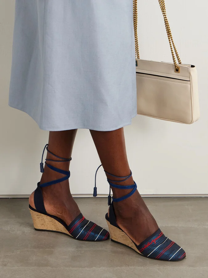 Valentino Garavani - La Cruisette 75 Tasseled Embroidered Canvas Wedge Sandals - Blue - Image 2