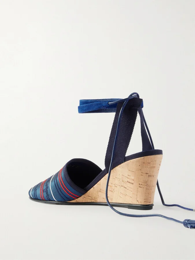Valentino Garavani - La Cruisette 75 Tasseled Embroidered Canvas Wedge Sandals - Blue - Image 3
