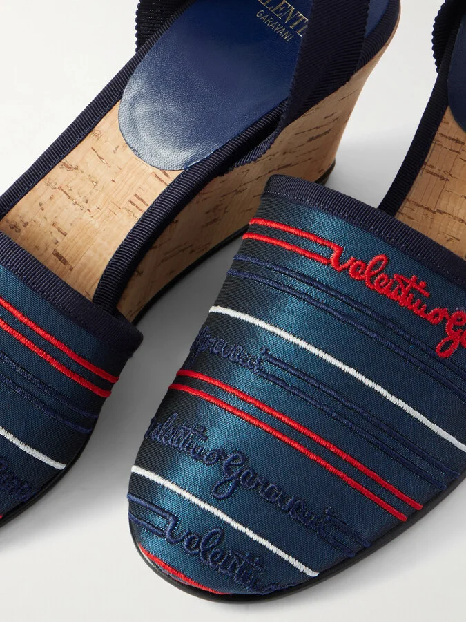 Valentino Garavani - La Cruisette 75 Tasseled Embroidered Canvas Wedge Sandals - Blue - Image 4
